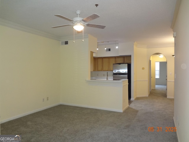 245 Amal Dr SW Apt 2010, Atlanta, GA 30315 - unfurnished living room with ceiling fan, arched walkways, ornamental molding, carpet flooring, and rail lighting