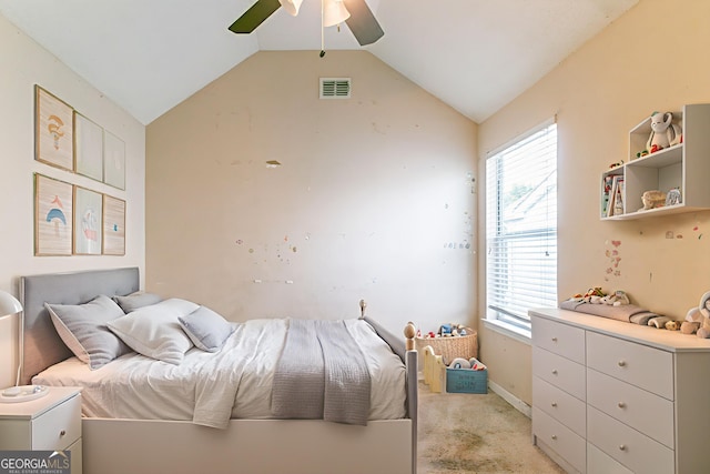 171 Stillwood Dr, Newnan, GA 30265 - bedroom featuring lofted ceiling, light carpet, and a ceiling fan