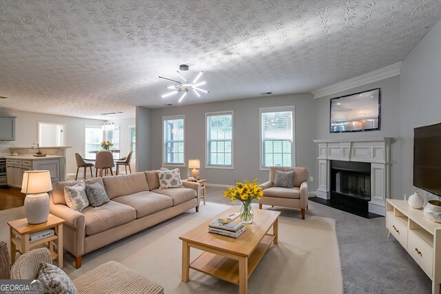2482 Brittany Park Ln, Ellenwood, GA 30294 - living room featuring light carpet and a fireplace with flush hearth