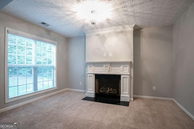 2482 Brittany Park Ln, Ellenwood, GA 30294 - unfurnished living room with carpet, a fireplace with flush hearth, a textured ceiling, and baseboards
