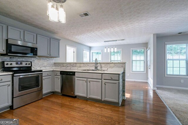 2482 Brittany Park Ln, Ellenwood, GA 30294 - kitchen with appliances with stainless steel finishes, gray cabinetry, a sink, a peninsula, and plenty of natural light