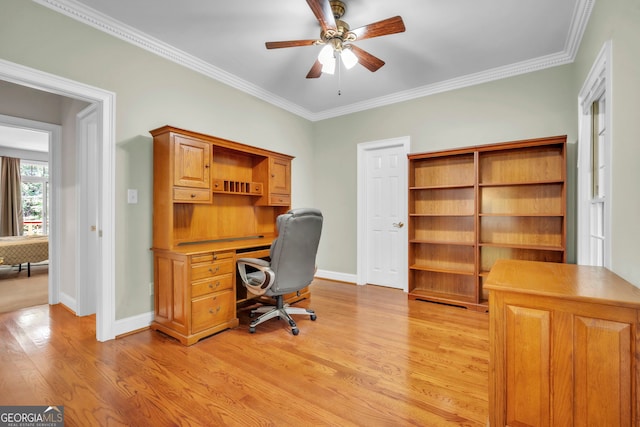 242 Pristine Cv, Hartwell, GA 30643 - home office featuring light wood-style floors, baseboards, a ceiling fan, and ornamental molding