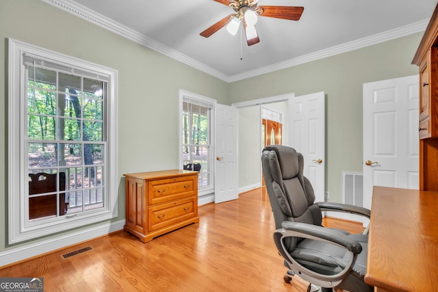242 Pristine Cv, Hartwell, GA 30643 - office space with ornamental molding, light wood-type flooring, a ceiling fan, and baseboards