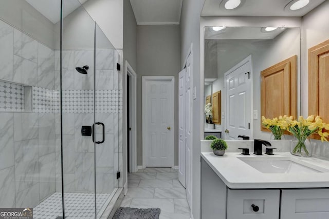 4901 Briarleigh Chase SW, Mableton, GA 30126 - full bath with marble look tiles, a stall shower, vanity, and crown molding
