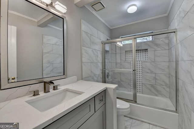 4901 Briarleigh Chase SW, Mableton, GA 30126 - full bathroom with vanity, marble finish flooring, crown molding, and shower / bath combination with glass door