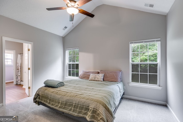 305 Overland Trl, Temple, GA 30179 - carpeted bedroom featuring high vaulted ceiling, baseboards, and a ceiling fan