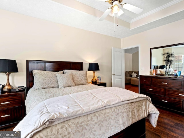 8180 Chapman Ter, Mcdonough, GA 30252 - bedroom featuring dark wood-style floors, ornamental molding, and ceiling fan