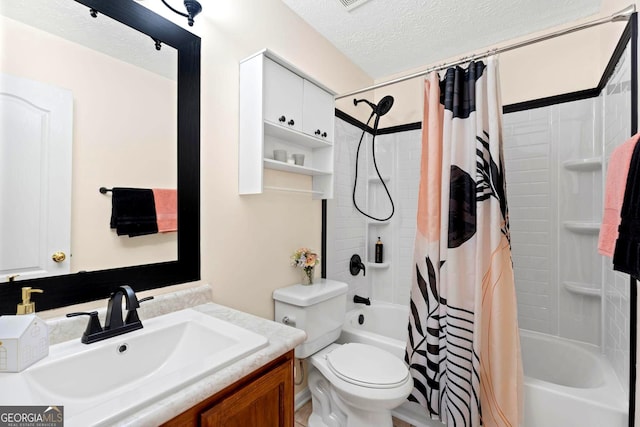 8180 Chapman Ter, Mcdonough, GA 30252 - bathroom featuring vanity, shower / bathtub combination with curtain, toilet, and a textured ceiling