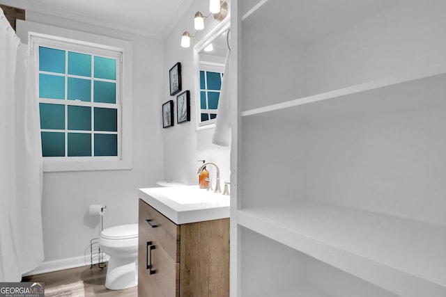 766 Blanton Blvd, Macon, GA 31210 - bathroom with vanity, toilet, wood finished floors, baseboards, and ornamental molding