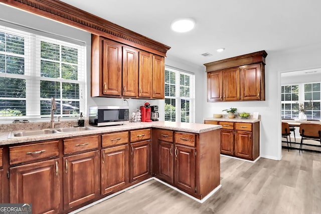 766 Blanton Blvd, Macon, GA 31210 - kitchen with stainless steel microwave, a sink, light wood-type flooring, and light countertops