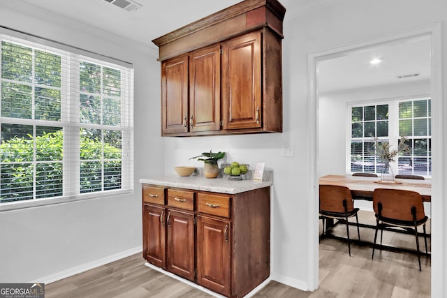 766 Blanton Blvd, Macon, GA 31210 - bar with crown molding, light wood-style floors, baseboards, and healthy amount of natural light