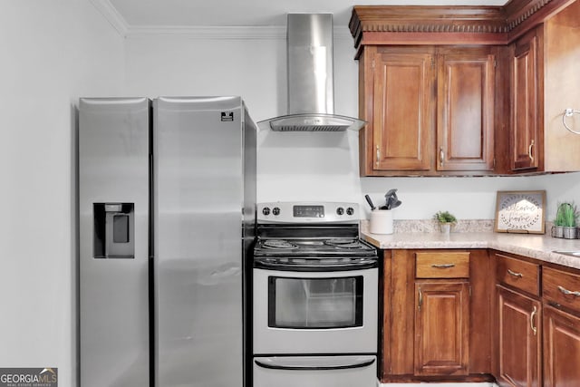 766 Blanton Blvd, Macon, GA 31210 - kitchen with stainless steel appliances, ventilation hood, crown molding, and brown cabinetry