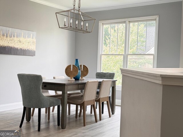 4867 Pinnacle Dr, Stone Mountain, GA 30088 - dining room with light wood-type flooring, a chandelier, ornamental molding, and baseboards