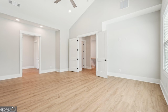1253 Cumberland Valley Rd, Gainesville, GA 30501 - empty room featuring a ceiling fan, high vaulted ceiling, light wood finished floors, recessed lighting, and baseboards