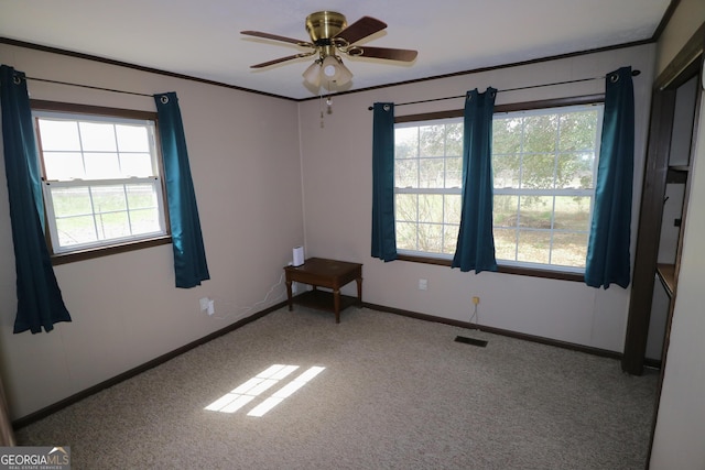 1116 David Newton Rd, Norman Park, GA 31771 - spare room featuring carpet floors, healthy amount of natural light, a ceiling fan, baseboards, and ornamental molding
