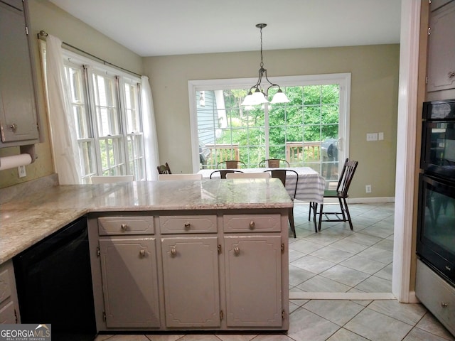 302 Morningside Dr, Clarkesville, GA 30523 - kitchen featuring black appliances, light countertops, a peninsula, light tile patterned floors, and decorative light fixtures