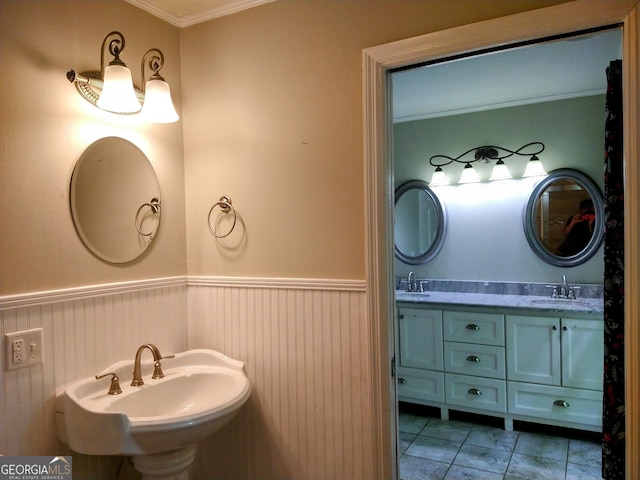 302 Morningside Dr, Clarkesville, GA 30523 - full bathroom featuring a sink, crown molding, wainscoting, and tile patterned flooring