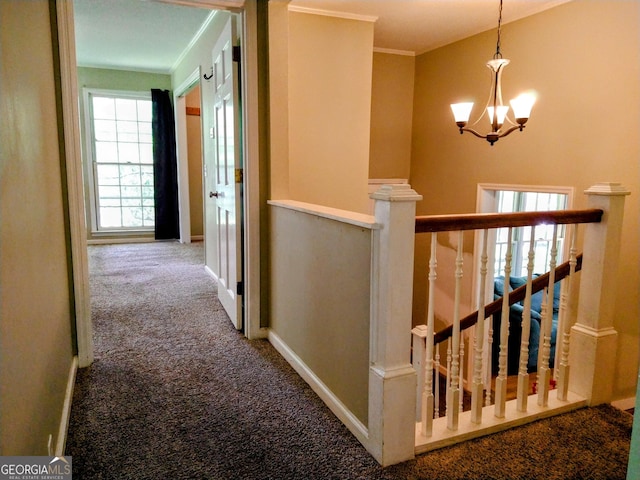 302 Morningside Dr, Clarkesville, GA 30523 - hall featuring an upstairs landing, a chandelier, carpet floors, baseboards, and crown molding