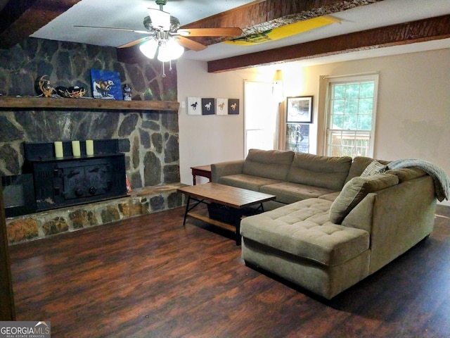 302 Morningside Dr, Clarkesville, GA 30523 - living area with ceiling fan, wood finished floors, beam ceiling, and a fireplace