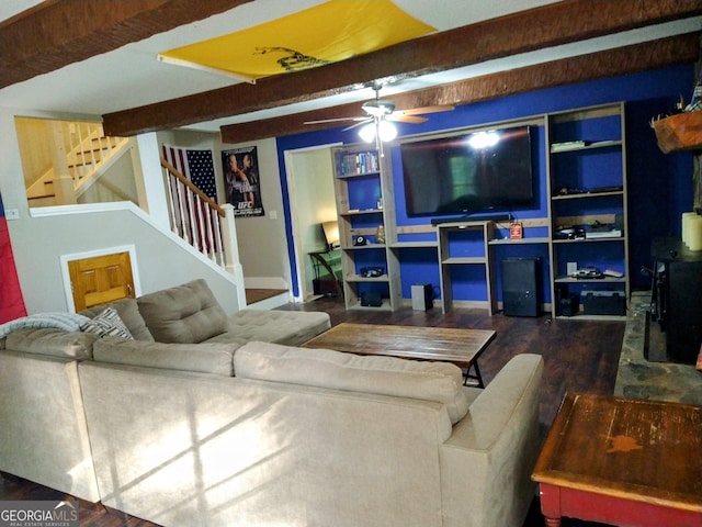 302 Morningside Dr, Clarkesville, GA 30523 - living area with stairway, beam ceiling, ceiling fan, and wood finished floors
