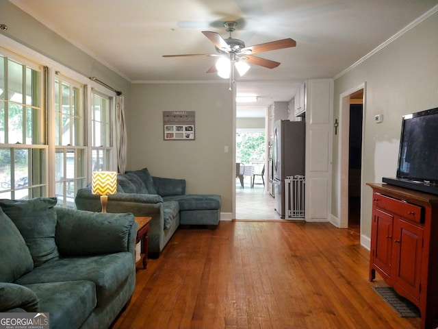 302 Morningside Dr, Clarkesville, GA 30523 - living room with a ceiling fan, light wood-type flooring, ornamental molding, and baseboards