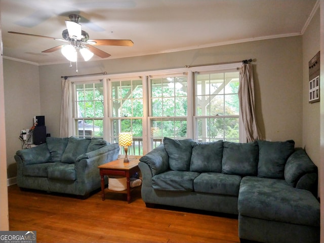 302 Morningside Dr, Clarkesville, GA 30523 - living area with plenty of natural light, wood finished floors, ornamental molding, and a ceiling fan