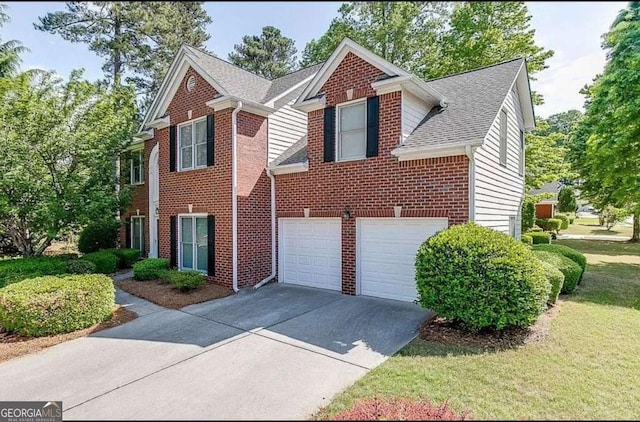 1008 Post Horn Run, Lawrenceville, GA 30045 - view of front of home featuring an attached garage, driveway, brick siding, a front yard, and a shingled roof