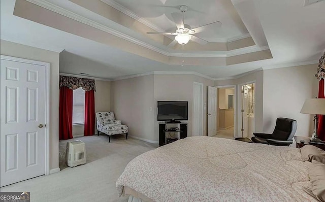 1008 Post Horn Run, Lawrenceville, GA 30045 - carpeted bedroom with a raised ceiling, crown molding, and a ceiling fan