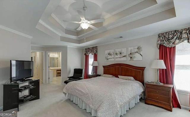 1008 Post Horn Run, Lawrenceville, GA 30045 - bedroom with a tray ceiling, light carpet, ornamental molding, and multiple windows