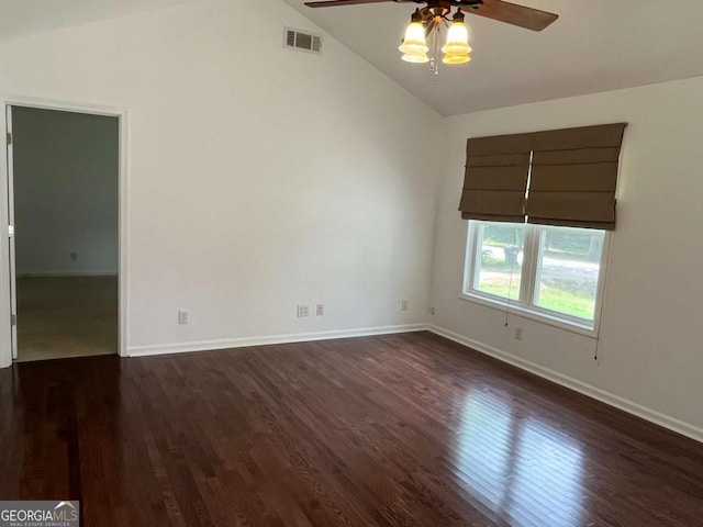 1429 Thyatira Brockton Rd, Jefferson, GA 30549 - unfurnished room featuring a ceiling fan, vaulted ceiling, dark wood-style flooring, and baseboards