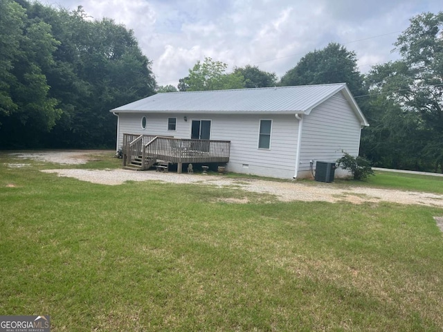 1429 Thyatira Brockton Rd, Jefferson, GA 30549 - back of property featuring a wooden deck, central AC unit, a lawn, and crawl space