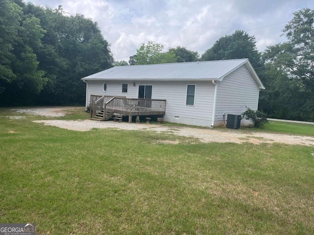 1429 Thyatira Brockton Rd, Jefferson, GA 30549 - back of house featuring central AC, a wooden deck, crawl space, and a yard