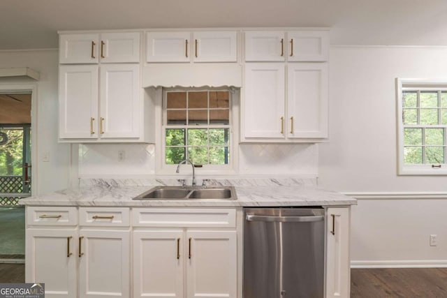 1671 Drayton Woods Dr, Tucker, GA 30084 - kitchen featuring stainless steel dishwasher, a sink, white cabinets, and crown molding