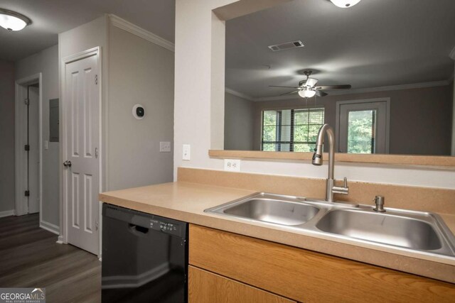 211 N Ave Unit 1122, Athens, GA 30601 - kitchen with dishwasher, a sink, dark wood-type flooring, crown molding, and light countertops
