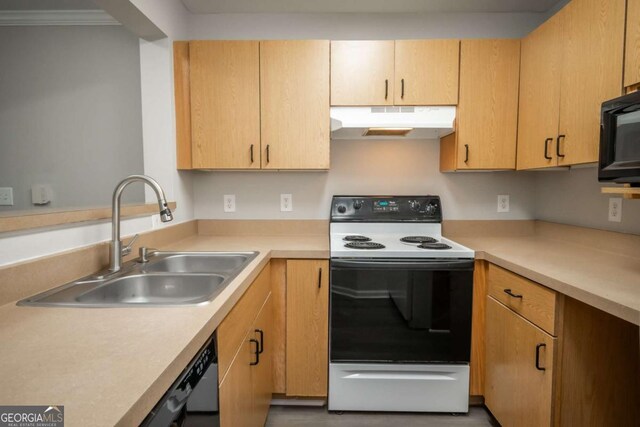 211 N Ave Unit 1122, Athens, GA 30601 - kitchen with range with electric cooktop, under cabinet range hood, a sink, black microwave, and light countertops
