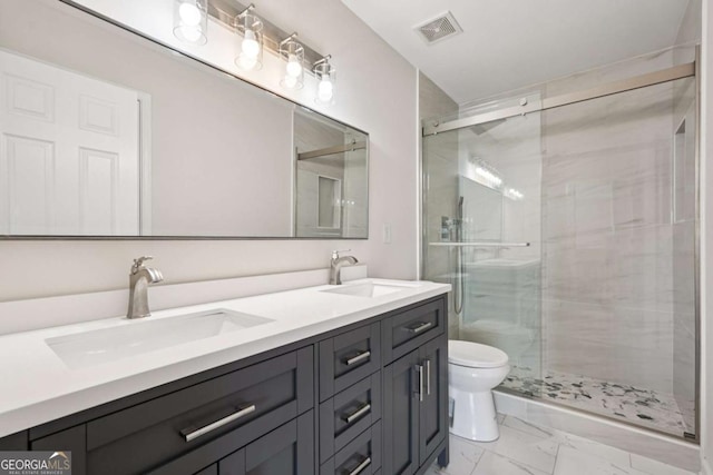 153 Towey Trl, Woodstock, GA 30188 - full bath featuring toilet, marble look tile flooring, double vanity, and a stall shower