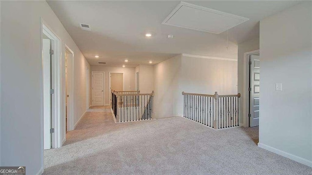308 Delta Dr, Mcdonough, GA 30253 - corridor with attic access, carpet floors, an upstairs landing, recessed lighting, and baseboards