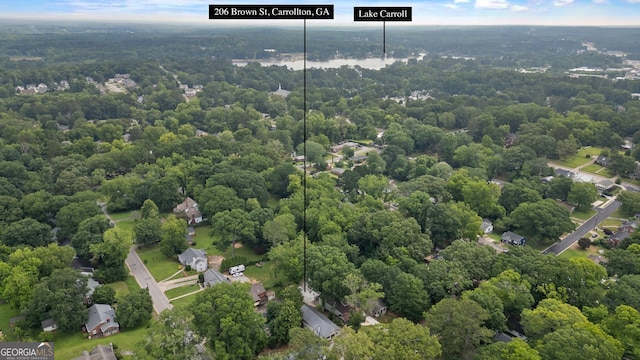 206 Brown St, Carrollton, GA 30117 - aerial view of property and surrounding area featuring a heavily wooded area and property boundaries highlighted