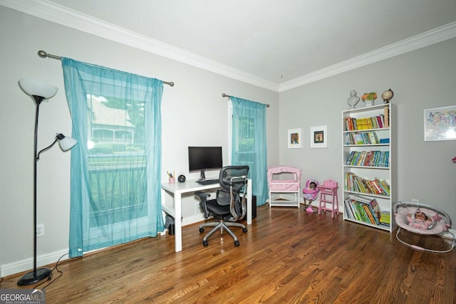 1409 Echo Mill Dr, Powder Springs, GA 30127 - home office featuring crown molding, wood finished floors, and baseboards