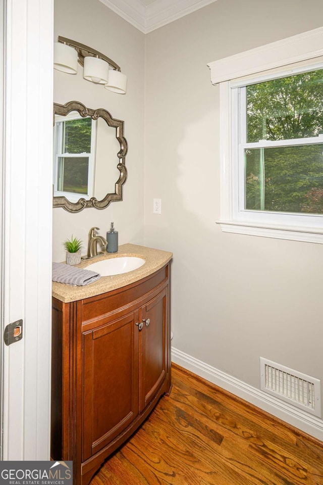 1409 Echo Mill Dr, Powder Springs, GA 30127 - bathroom with vanity, wood finished floors, crown molding, and baseboards