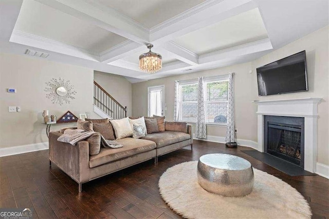 5880 Garden Cir, Douglasville, GA 30135 - living area with baseboards, a fireplace, hardwood / wood-style flooring, stairway, and beamed ceiling