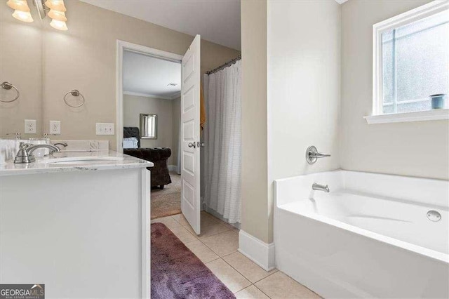 5880 Garden Cir, Douglasville, GA 30135 - bathroom featuring a bath, vanity, tile patterned floors, baseboards, and a shower with shower curtain