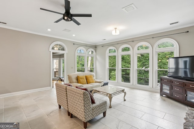 511 Pine Valley Rd SE, Marietta, GA 30067 - living room with crown molding, plenty of natural light, a ceiling fan, and recessed lighting
