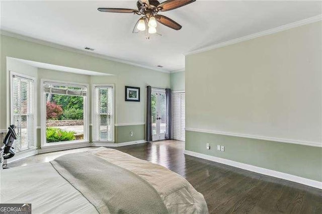 511 Pine Valley Rd SE, Marietta, GA 30067 - bedroom with ornamental molding, wood finished floors, a ceiling fan, and access to exterior