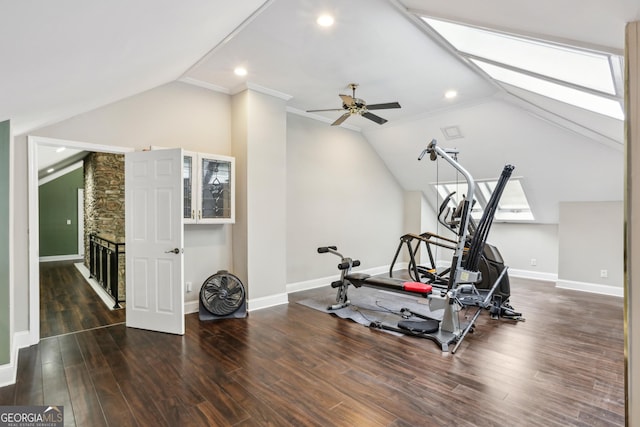 511 Pine Valley Rd SE, Marietta, GA 30067 - workout room with lofted ceiling, a skylight, ceiling fan, wood finished floors, and recessed lighting
