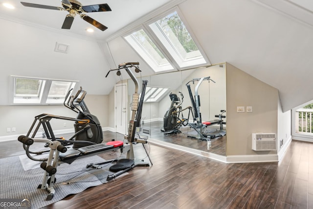 511 Pine Valley Rd SE, Marietta, GA 30067 - exercise room featuring a skylight, wood finished floors, lofted ceiling, a ceiling fan, and recessed lighting