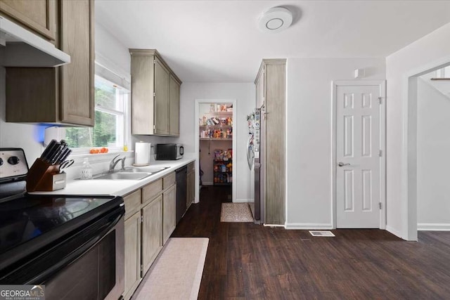 2820 Channing Way, Cumming, GA 30040 - kitchen with stainless steel appliances, a sink, under cabinet range hood, dark wood-type flooring, and light countertops