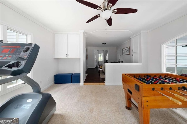 2820 Channing Way, Cumming, GA 30040 - recreation room with light carpet, plenty of natural light, a ceiling fan, and baseboards