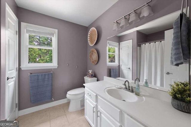 2820 Channing Way, Cumming, GA 30040 - bathroom featuring baseboards, toilet, vanity, tile patterned flooring, and a shower with curtain