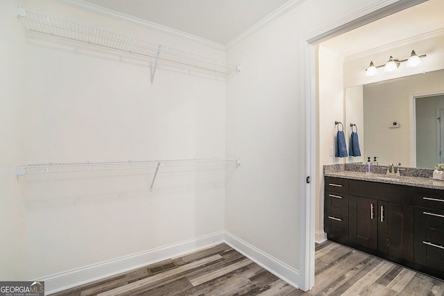 2674 Skylane Dr, Marietta, GA 30062 - bathroom with wood finished floors, ornamental molding, vanity, and a walk in closet